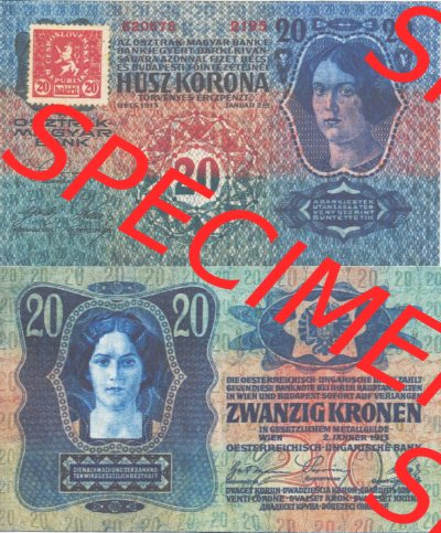 Banknoten Tschechoslowakei 1919-1919, 20 Kronen Provisorische Geldschein Ausgaben. Vorderseite und Rückseite auf einen Digitalen... Sammlung
