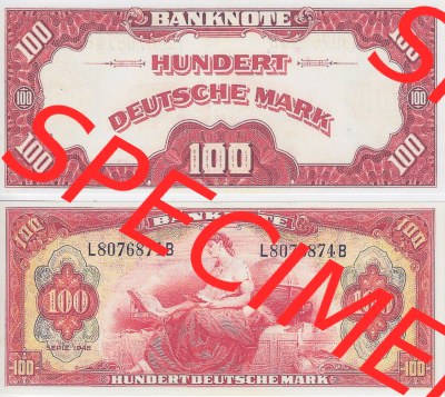 BRD Deutschland Alliierte Besetzung 1948, 100 Deutsche Mark. Vorderseite und Rückseite auf einen Digitalen Bild der Banknoten... Sammlung