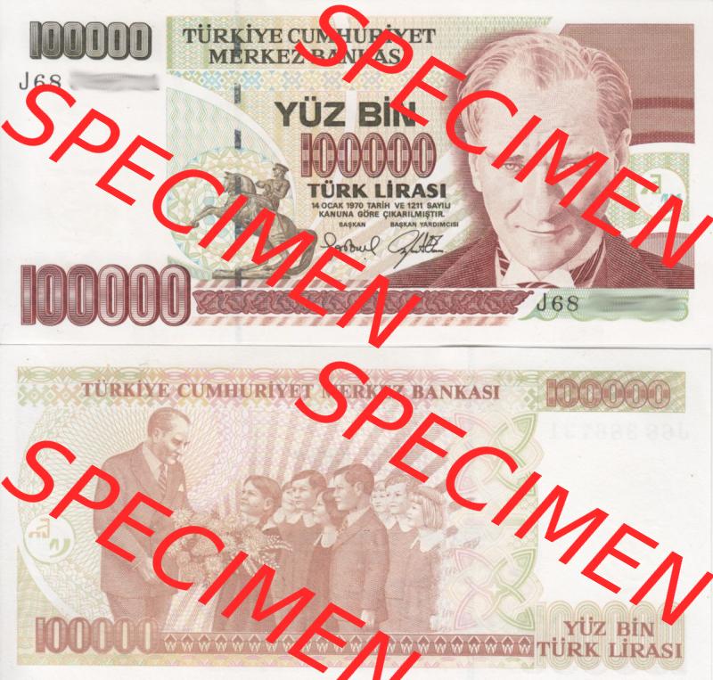 Banknote Türkei 1970, 100000 Lire. Vorderseite und Rückseite auf einen Digitalen Bild der Banknoten der Türkei 1968-1986, Banknoten aus Satz der Banknoten der Türkei... Sammlung