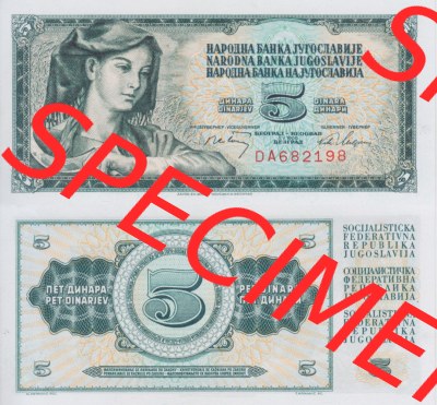 Banknoten Jugoslawien 1968-1968, 5 Dinar. Vorderseite und Rückseite einer Banknote aus dem nicht mehr existierenden Land Jugoslawien... Sammlung