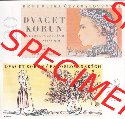 Banknoten Tschechoslowakei 1949-1949, 20 Kronen Dvaget Korun. Vorderseite und Rückseite auf einen Digitalen Bild der Banknoten... Sammlung