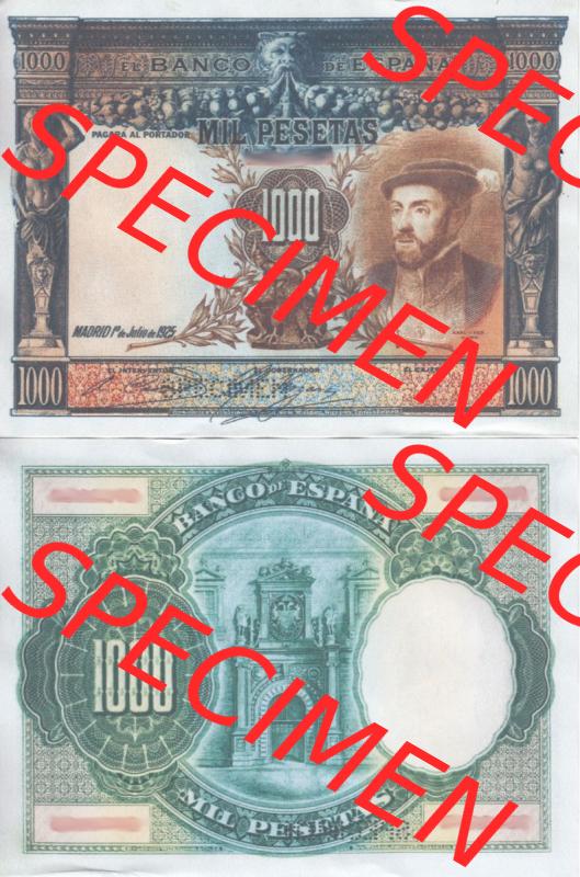 Banknoten Spanien 1925-1925, 1000 Peseten. Vorderseite und Rückseite auf einen Digitalen Bild der Banknoten von Spanien 1925, Banknoten aus Satz der Banknoten Spanien 1925 in Peseten-Währung... Sammlung