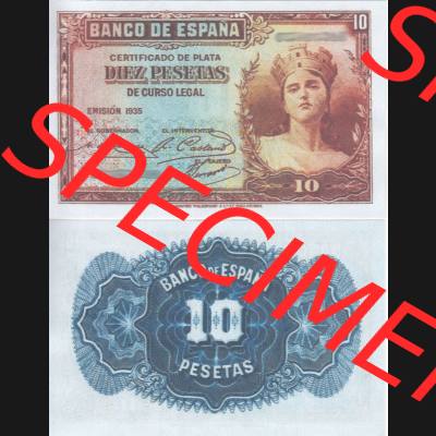 Banknoten Spanien 1935-1936, 10 Peseten. Vorderseite und Rückseite auf einen Digitalen Bild der Banknoten von Spanien 1935-1938, Banknoten aus Satz der Banknoten Spanien 1935-1938... Sammlung