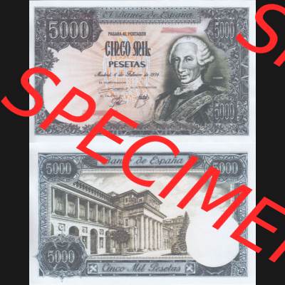 Banknoten Spanien 1976-1978, 5000 Peseten. Vorderseite und Rückseite auf einen Digitalen Bild der Banknoten von Spanien 1965-1978, Banknoten aus Satz der Banknoten Spanien 1965-1978... Sammlung