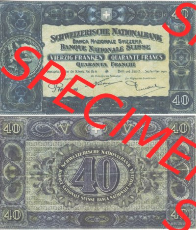 Banknoten Schweiz 1914-1914, 40 Franken. Vorderseite und Rückseite auf einen Digitalen Bild der Banknoten der Schweiz 1913-1955,... Sammlung