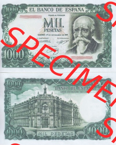 Banknoten Spanien 1971-1974, 1000 Peseten. Vorderseite und Rückseite auf einen Digitalen Bild der Banknoten von Spanien 1965-1978,... Sammlung