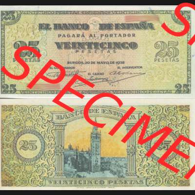 Banknoten Spanien 1938-1938, 25 Peseten. Vorderseite und Rückseite auf einen Digitalen Bild der Banknoten von Spanien 1937-1938, Banknoten aus Satz der Banknoten Spanien 1937-1938... Sammlung