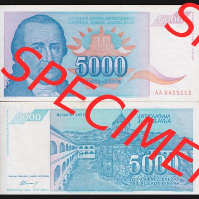 Banknoten Jugoslawien 1994-1994, 5000 Dinar. Vorderseite und Rückseite einer Banknote aus dem nicht mehr existierenden Land Jugoslawien auf einen Digitalen Bild, Banknoten aus Satz... Sammlung