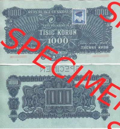 Banknoten Tschechoslowakei 1945-1945, 1000 Kronen II mit aufgeklebter Briefmarke, Geldscheine mit Briefmarken der provisorischen... Sammlung