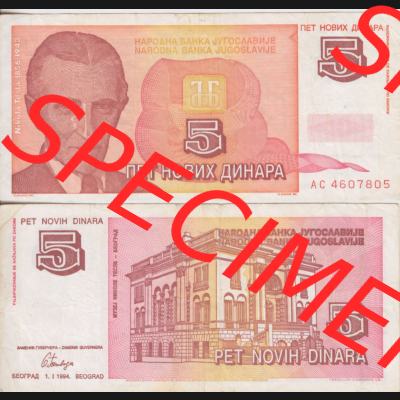 Banknoten Jugoslawien 1994-1994, 500146 5 Novth Dinar. Vorderseite und Rückseite einer Banknote aus dem nicht mehr existierenden Land Jugoslawien auf einen Digitalen Bild, Banknoten... Sammlung