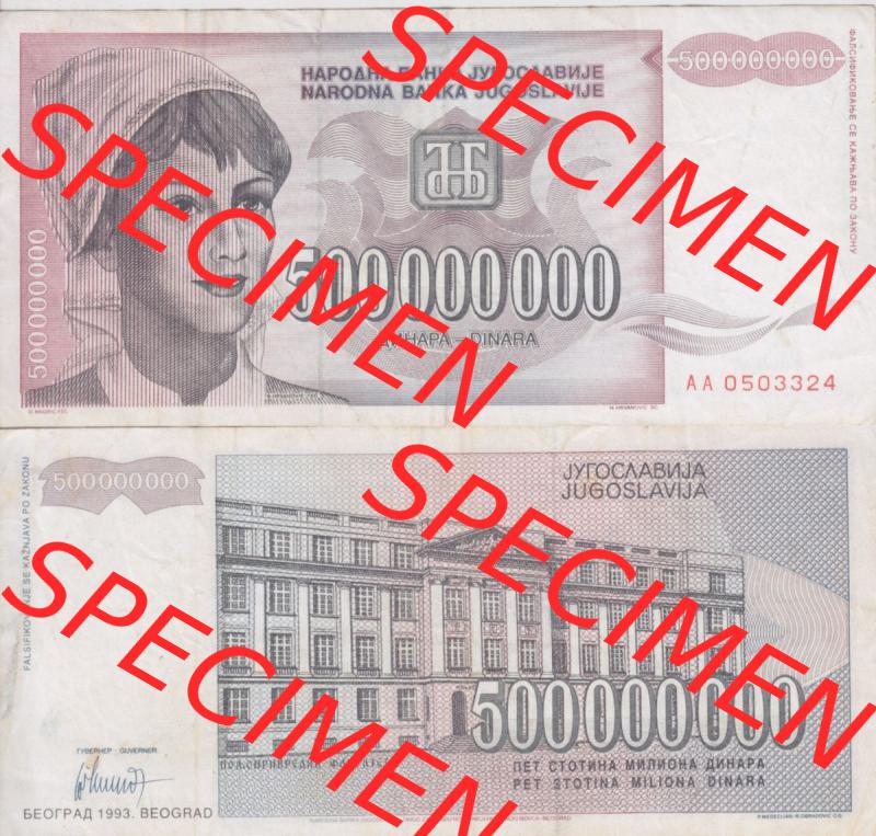 Banknoten Jugoslawien 1993-1993, 500000000 Dinar. Vorderseite und Rückseite einer Banknote aus dem nicht mehr existierenden Land Jugoslawien auf einen Digitalen Bild, Banknoten... Sammlung