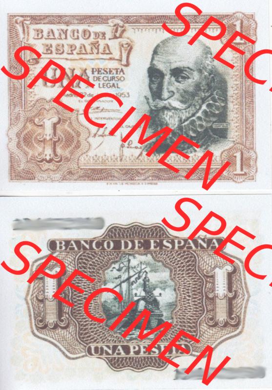 Banknoten Spanien 1953-1953, 1 Peste. Vorderseite und Rückseite auf einen Digitalen Bild der Banknoten von Spanien 1953-1958, Banknoten aus Satz der Banknoten Spanien 1953-1958... Sammlung
