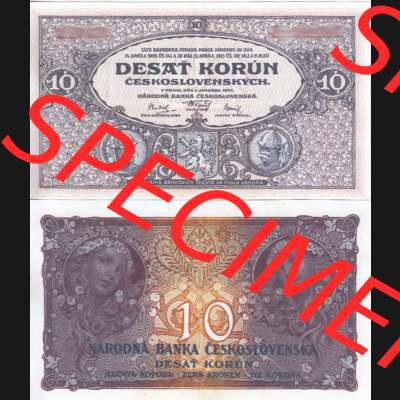 Banknoten Tschechoslowakei 1927-1927, 10 Kronen. Vorderseite und Rückseite auf einen Digitalen Bild der Banknoten der Tschechoslowakei 1926-1934, Banknoten aus Satz der Banknoten... Sammlung