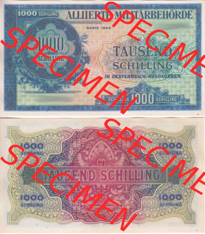 Banknoten Österreich 1944-1944. 1000 Schilling Alliierte Militärbehörde. Vorderseite und Rückseite auf einen Digitalen Bild der Banknoten von Österreich 1944 Alliierte... Sammlung
