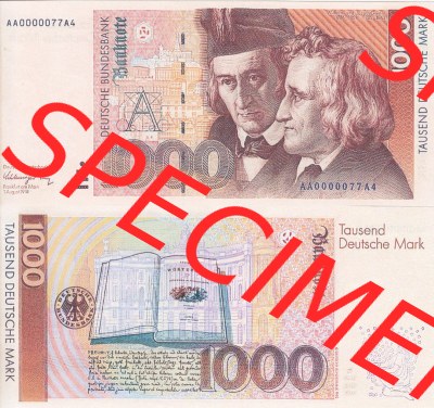 BRD Deutschland Deutsche Bundesbank 1991-1993, 1000 DM-Deutsche Mark. Vorderseite und Rückseite auf einen Digitalen Bild der... Sammlung