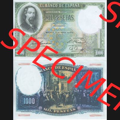 Banknoten Spanien 1931-1931, 1000 Peseten. Vorderseite und Rückseite auf einen Digitalen Bild der Banknoten von Spanien 1931, Banknoten aus Satz der Banknoten Spanien 1931 in der... Sammlung