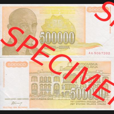 Banknoten Jugoslawien 1994-1994, 500000 500000 Dinar. Vorderseite und Rückseite einer Banknote aus dem nicht mehr existierenden Land Jugoslawien auf einen Digitalen Bild, Banknoten... Sammlung