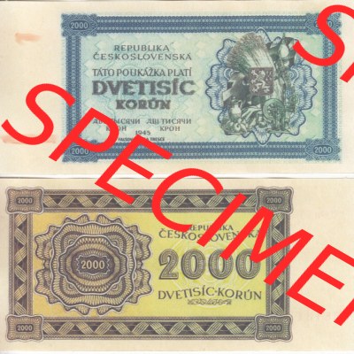 Banknoten Tschechoslowakei 1945-1945, 2000 Kronen. Vorderseite und Rückseite auf einen Digitalen Bild der Banknoten der Tschechoslowakei... Sammlung
