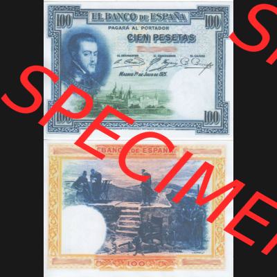 Banknoten Spanien 1925-1925, 100 Peseten. Vorderseite und Rückseite auf einen Digitalen Bild der Banknoten von Spanien 1925, Banknoten aus Satz der Banknoten Spanien 1925 in Peseten-Währung... Sammlung