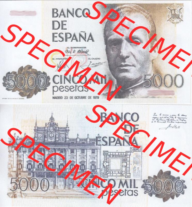 Banknoten Spanien 1979-1982, 5000 Peseten. Vorderseite und Rückseite auf einen Digitalen Bild der Banknoten von Spanien 1979-1987, Banknoten aus Satz der Banknoten Spanien 1979-1987... Sammlung