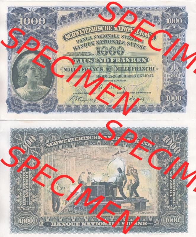 Banknoten Schweiz 1927-1955, 1000 Franken. Vorderseite und Rückseite auf einen Digitalen Bild der Banknoten der Schweiz 1913-1955, Banknoten aus Satz der Banknoten Schweiz 1913-1955... Sammlung