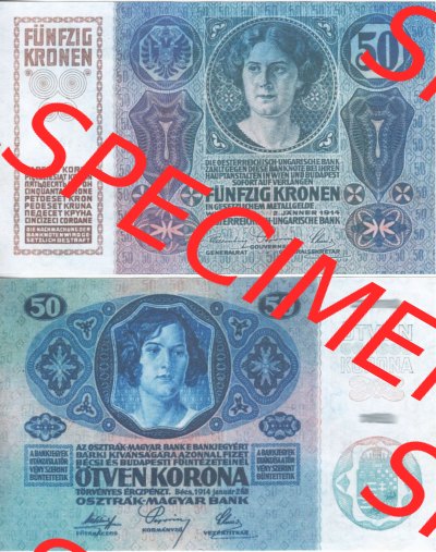 Banknoten Österreich 1914-1914, 50 Kronen. Vorderseite und Rückseite auf einen Digitalen Bild der Banknoten von Österreich... Sammlung