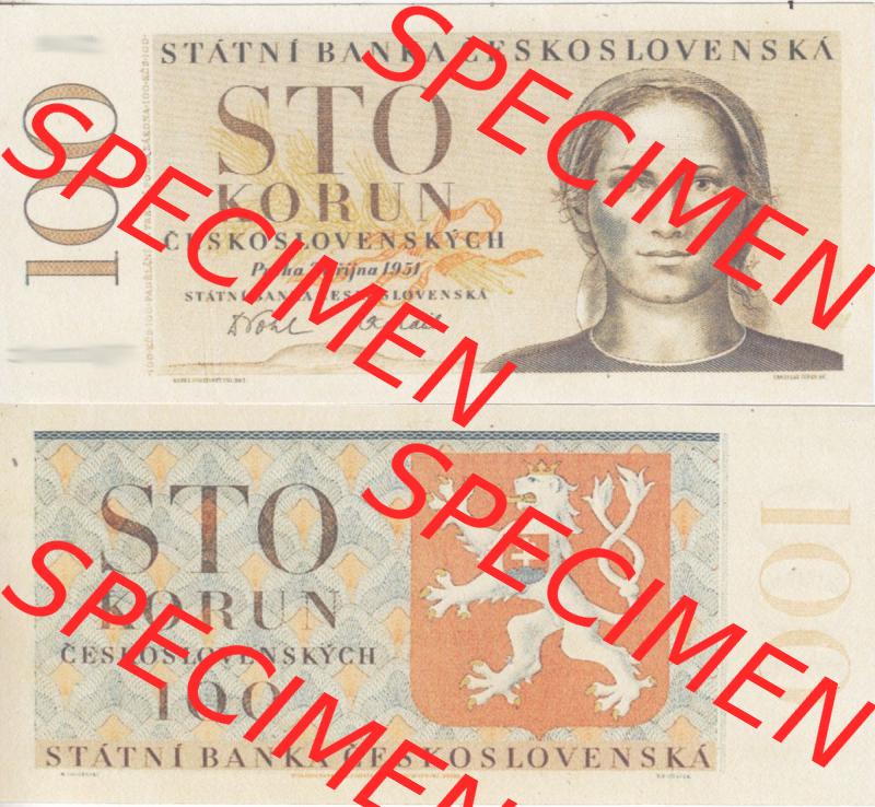 Banknoten Tschechoslowakei 1951-1951, 100 Kronen, Sto Korun. Vorderseite und Rückseite auf einen Digitalen Bild der Banknoten der Tschechoslowakei 1945-1951, Banknoten aus... Sammlung