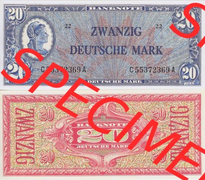BRD Deutschland Alliierte Besetzung 1948, 20 Deutsche Mark II.. Vorderseite und Rückseite auf einen Digitalen Bild der Banknoten... Sammlung
