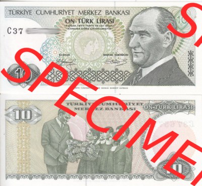 Banknote Türkei 1970, 10 Lire. Vorderseite und Rückseite auf einen Digitalen Bild der Banknoten der Türkei 1968-1986, Banknoten... Sammlung