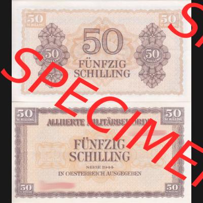 Banknoten Österreich 1944-1944, 50 Schilling Alliierte Militärbehörde. Vorderseite und Rückseite auf einen Digitalen Bild der Banknoten von Österreich 1944 Alliierte... Sammlung