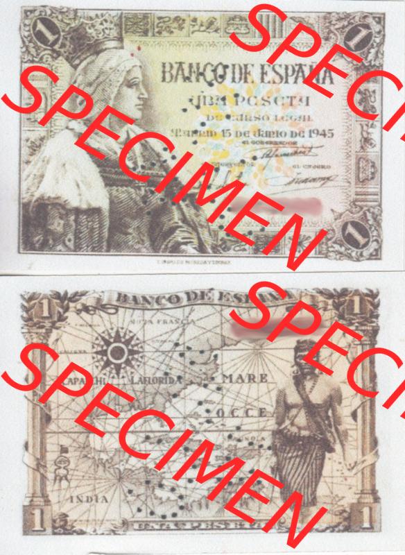 Banknoten Spanien 1945-1945, 1 Pesete. Vorderseite und Rückseite auf einen Digitalen Bild der Banknoten von Spanien 1943, 1945, Banknoten aus Satz der Banknoten Spanien 1943,... Sammlung