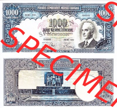 Banknote Türkei 1940, P139, 1000 Lira. Vorderseite und Rückseite auf einen Digitalen Bild der Banknoten der Türkei 1940-1944,... Sammlung