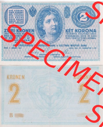 Banknoten Österreich 1914-1914, 2 Kronen Serie B. Vorderseite und Rückseite auf einen Digitalen Bild der Banknoten von Österreich... Sammlung