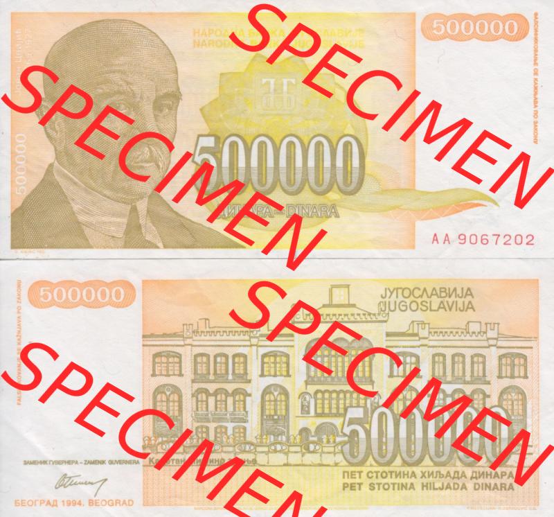 Banknoten Jugoslawien 1994-1994, 500000 500000 Dinar. Vorderseite und Rückseite einer Banknote aus dem nicht mehr existierenden Land Jugoslawien auf einen Digitalen Bild, Banknoten... Sammlung