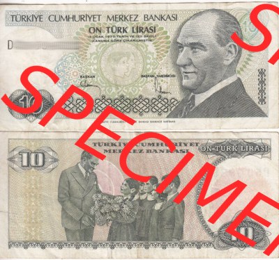 Banknote Türkei 1979-1979 (1970), 10 Lira. Vorderseite und Rückseite auf einen Digitalen Bild der Banknoten der Türkei 1968-1986,... Sammlung