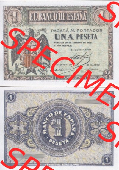 Banknoten Spanien 1938-1938, 1 Pesete Februar 1938. Vorderseite und Rückseite auf einen Digitalen Bild der Banknoten von Spanien... Sammlung