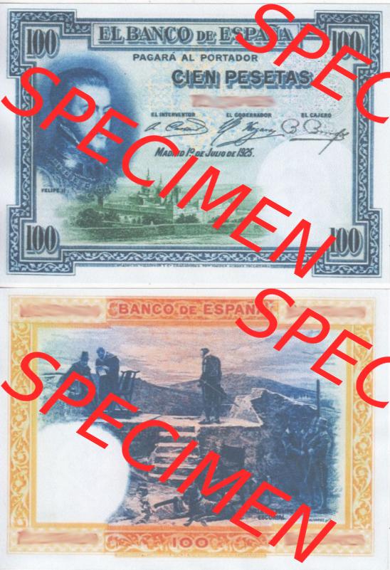 Banknoten Spanien 1925-1925, 100 Peseten. Vorderseite und Rückseite auf einen Digitalen Bild der Banknoten von Spanien 1925, Banknoten aus Satz der Banknoten Spanien 1925 in Peseten-Währung... Sammlung