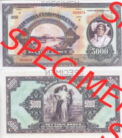 Banknoten Tschechoslowakei 1920-1920, 5000 Kronen. Vorderseite und Rückseite auf einen Digitalen Bild der Banknoten der Tschechoslowakei... Sammlung