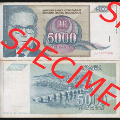 Banknoten Jugoslawien 1991-1991, 5000 Dinar. Vorderseite und Rückseite einer Banknote aus dem nicht mehr existierenden Land Jugoslawien auf einen Digitalen Bild, Banknoten aus Satz... Sammlung