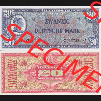 BRD Deutschland Alliierte Besetzung 1948, 20 Deutsche Mark II.. Vorderseite und Rückseite auf einen Digitalen Bild der Banknoten Deutschland 1948 der Alliierte Besetzung,... Sammlung