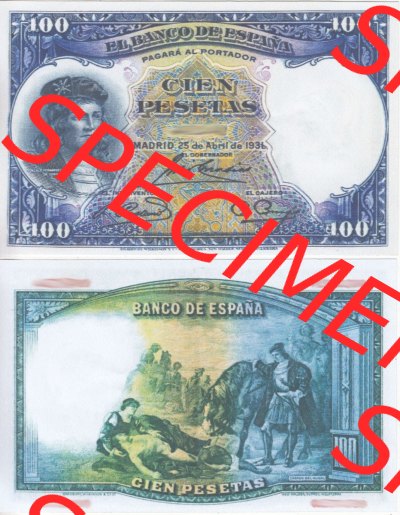 Banknoten Spanien 1931-1931, 100 Peseten. Vorderseite und Rückseite auf einen Digitalen Bild der Banknoten von Spanien 1931,... Sammlung