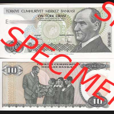 Banknote Türkei 1979-1979 (1970), 10 Lira I.. Vorderseite und Rückseite auf einen Digitalen Bild der Banknoten der Türkei 1968-1986, Banknoten aus Satz... Sammlung