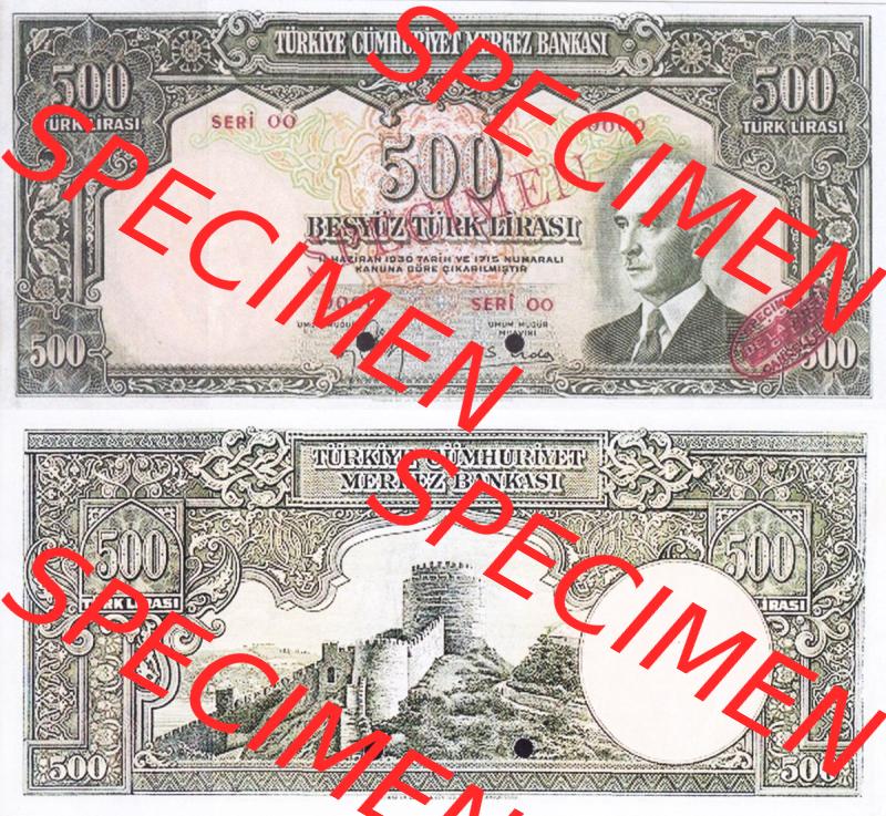 Banknote Türkei 1940, P138, 500 Lira. Vorderseite und Rückseite auf einen Digitalen Bild der Banknoten der Türkei 1940-1944, Banknoten aus Satz der Banknoten der... Sammlung