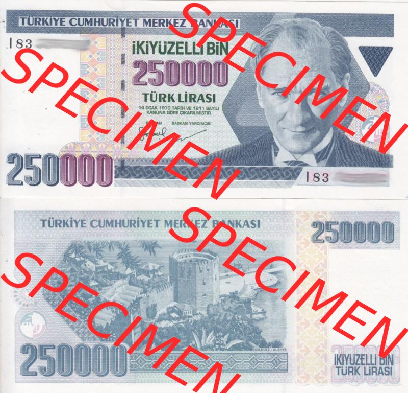 Banknote Türkei 1970, 250000 250000 Lire . Vorderseite und Rückseite auf einen Digitalen Bild der Banknoten der Türkei 1968-1986, Banknoten aus Satz der Banknoten der... Sammlung