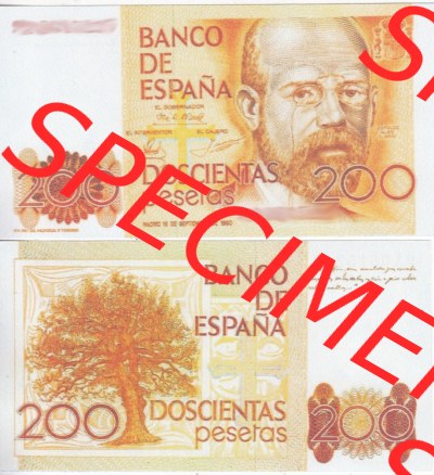 Banknoten Spanien 1980-1984, 200 Peseten. Vorderseite und Rückseite auf einen Digitalen Bild der Banknoten von Spanien 1979-1987,... Sammlung
