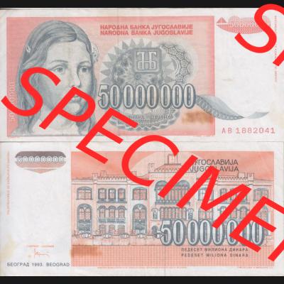 Banknoten Jugoslawien 1993-1993, 50000000 Dinar. Vorderseite und Rückseite einer Banknote aus dem nicht mehr existierenden Land Jugoslawien auf einen Digitalen Bild, Banknoten aus... Sammlung