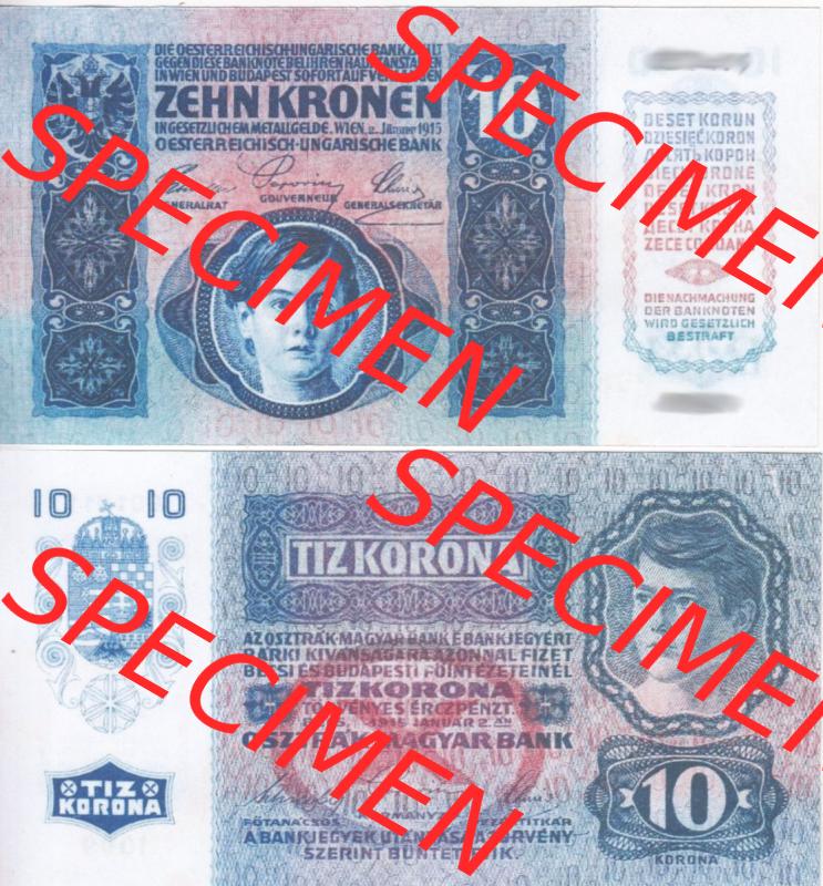 Banknoten Österreich 1915-1915, 10 Kronen. Vorderseite und Rückseite auf einen Digitalen Bild der Banknoten von Österreich 1913-1919, Banknoten aus Satz der Banknoten... Sammlung