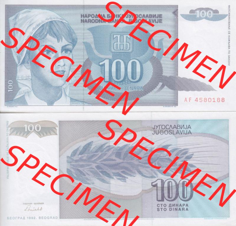 Banknoten Jugoslawien 1992-1992, 100 Dinar. Vorderseite und Rückseite einer Banknote aus dem nicht mehr existierenden Land Jugoslawien auf einen Digitalen Bild, Banknoten aus Satz... Sammlung