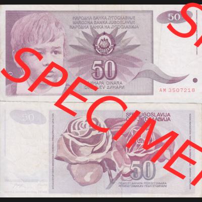 Banknoten Jugoslawien 1990-1990, 50 Dinar. Vorderseite und Rückseite einer Banknote aus dem nicht mehr existierenden Land Jugoslawien auf einen Digitalen Bild, Banknoten aus Satz... Sammlung