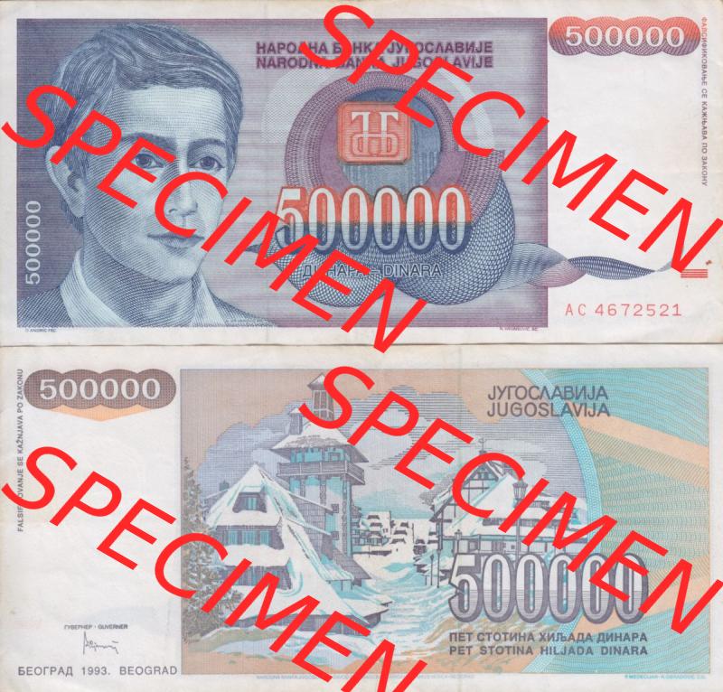 Banknoten Jugoslawien 1993-1993, 500000 Dinar. Vorderseite und Rückseite einer Banknote aus dem nicht mehr existierenden Land Jugoslawien auf einen Digitalen Bild, Banknoten aus... Sammlung